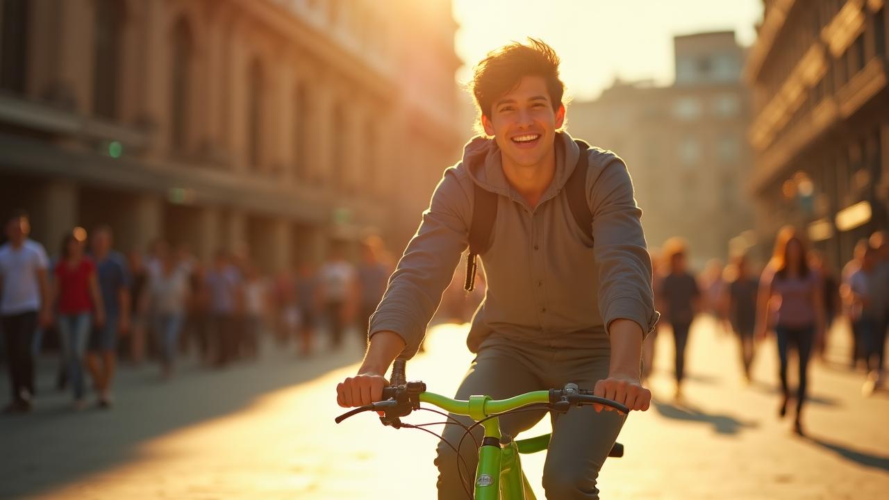 Ciclista sonriente recorriendo las calles históricas de Madrid con una bicicleta de Hierba Recreo