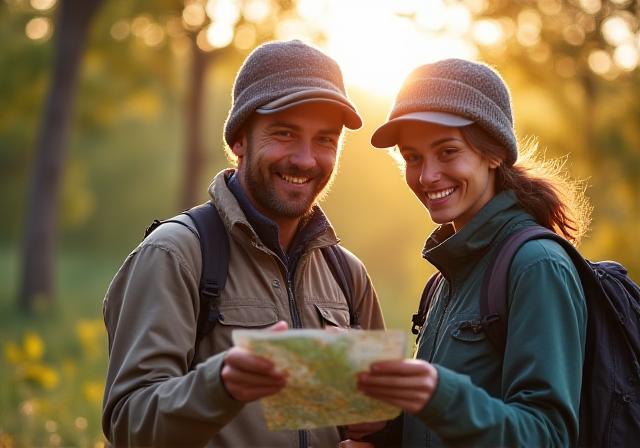 Pareja planeando su ruta de senderismo en Madrid