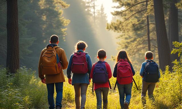 Grupo de escolares en una excursión guiada por la naturaleza