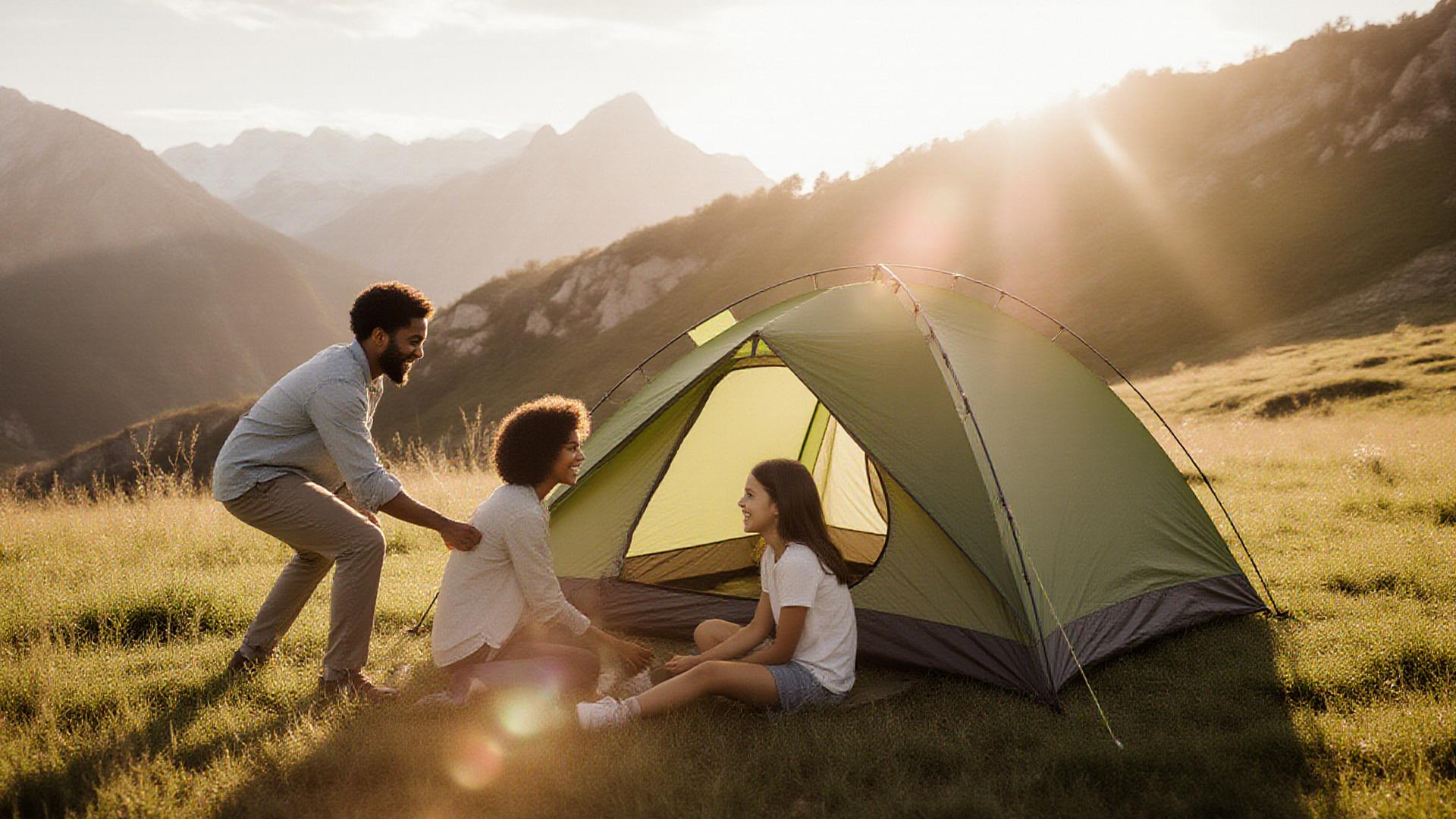 Familia disfrutando de una tarde de acampada en la Sierra de Madrid