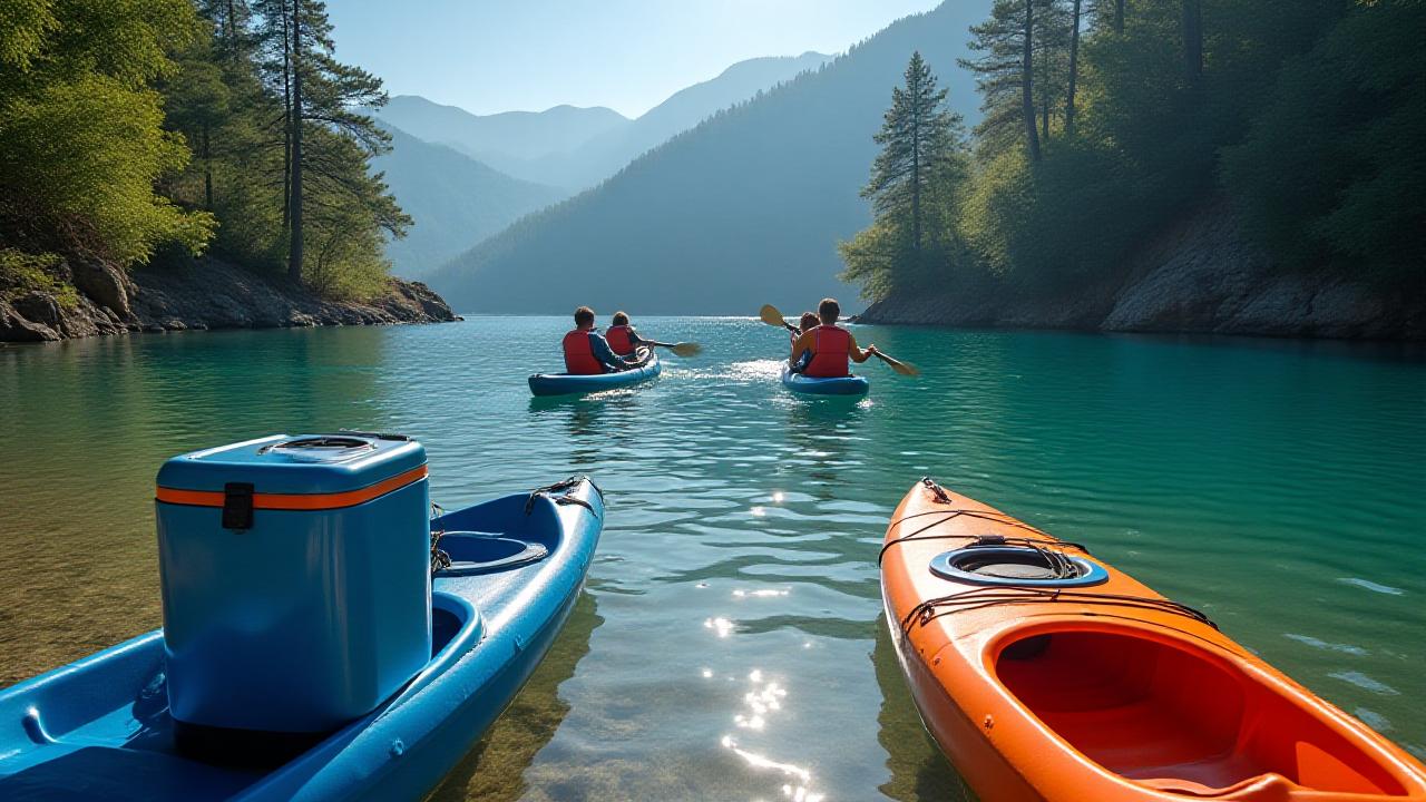 Pareja disfrutando de kayaks en un lago cristalino con el equipamiento de Hierba Recreo